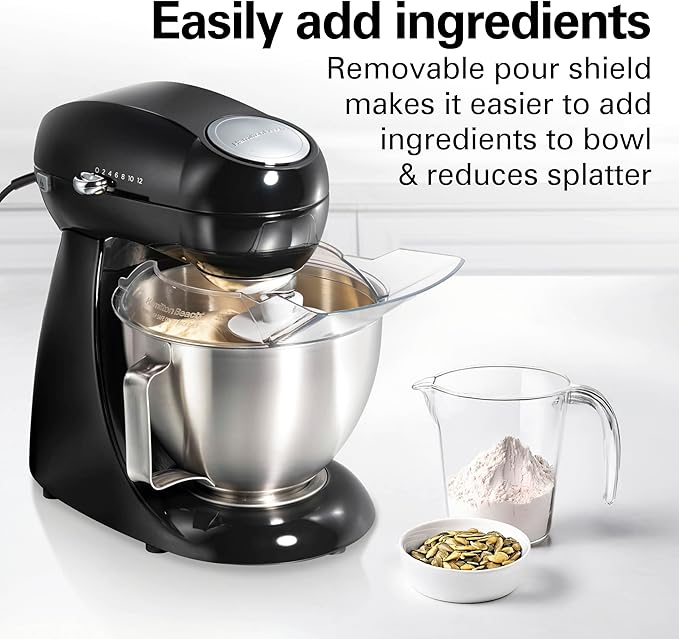 Hamilton Beach Die-Cast Metal Classic Electric Stand Mixer, 12 Speeds, 4.5-Quart Stainless Steel Bowl, Includes Flat Beater, Whisk, Dough Hook & Pour Shield, Powder-Coated Black Finish (63227N)