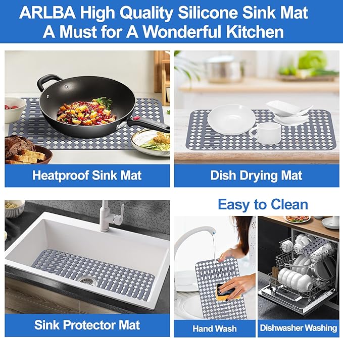ARLBA Upgraded Silicone Kitchen Sink Mat 25"x13",Sink Protectors for Kitchen Sink with Rear Drain/Center Drain,Sink Bottom Grid Protection Sink Rack For Farmhouse Stainless Steel/Porcelain Sink