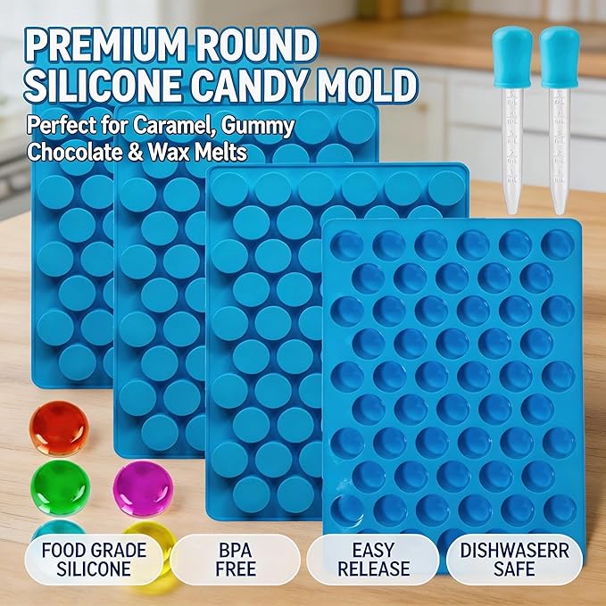 Round Gummy Candy Molds - 220 Cavity Silicone Candy Molds with 2pcs Dropper for Hard Candy, Gummy, Caramels, Chocolate, Ganache, Ice Cubes