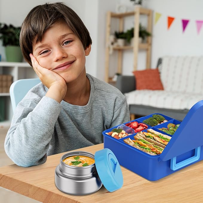 Bento Box for Kids with Thermo Food Container (9oz), 4-Compartment Lunch Box, Adjustable Divider, Leakproof Bento Lunch Box, Includes Utensils & Carry Bag for School, Office(Blue)