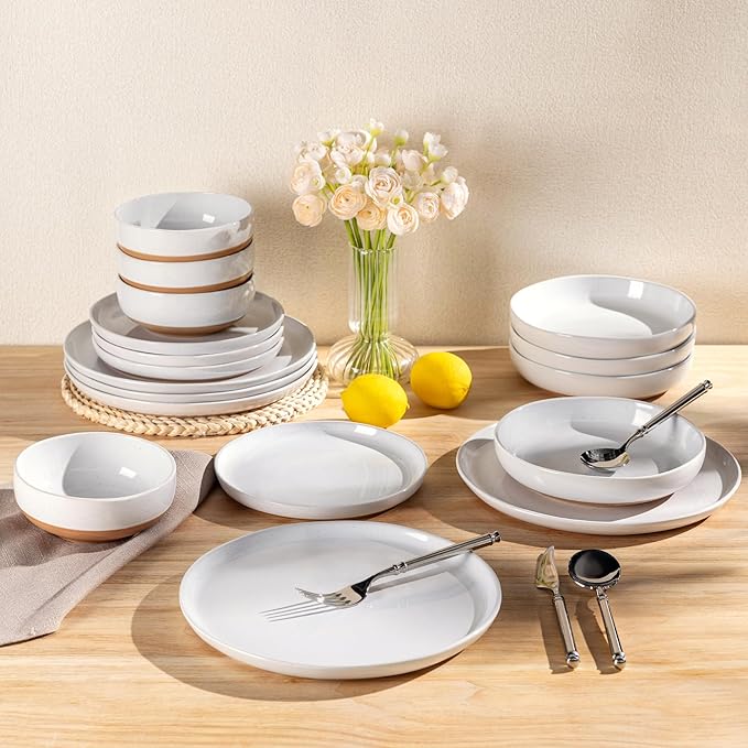 AmorArc Ceramic Dinnerware Sets with Pasta Bowls for 6, Handpainted Plates and Bowls Set with Rustic Terracotta Underside, Scratch Resistant Dishes Set, Dishwasher & Microwave Safe, 24 Pcs
