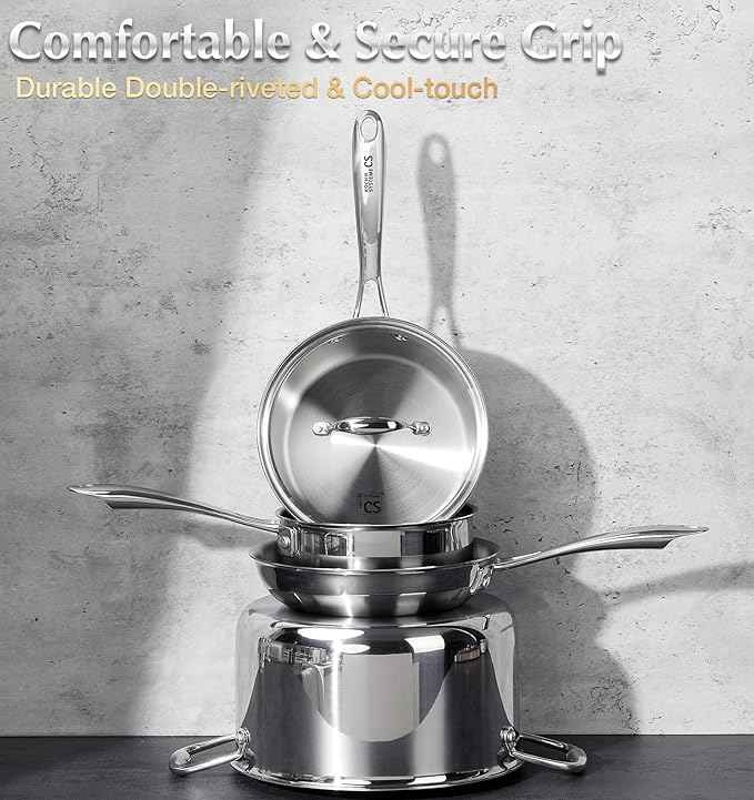 KOCH SYSTEME CS Tri-Ply Stainless Steel Cookware Set 10 Piece, Professional 18/10 Stianless Steel Pots and Pans Set, Oven & Induction Safe, Non-Toxic Kitchen Cookware Set for Family Cooking, 10pcs