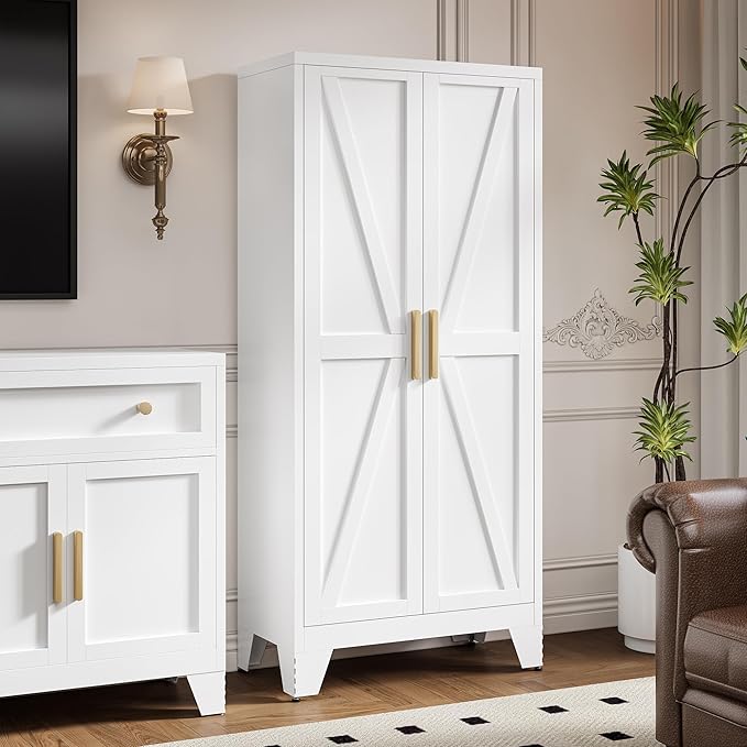 61" Tall Metal Storage Cabinet with 2 Doors and 3 Adjustable Shelves, 4-Tier Kitchen Pantry Storage Cabinet for Kitchen, Living Room, Dining Room and Office, White
