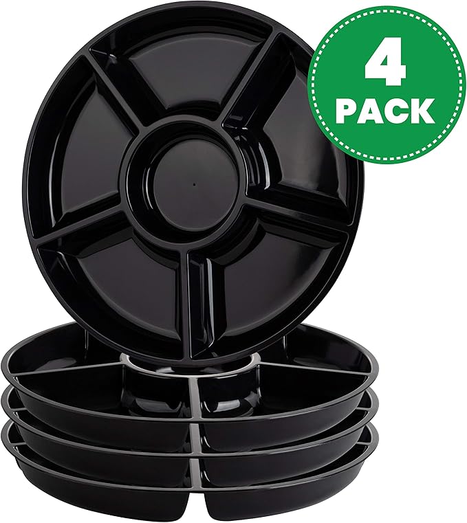 Plasticpro 6 Sectional Round Plastic Serving Tray/Platter (4, Black)