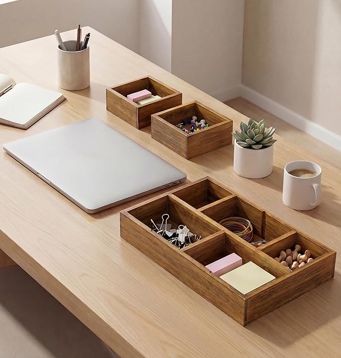 KOCWELL Bamboo Desk Drawer Organizer with Removable Dividers,Multi-Use Office Drawer Organizer Tray,Junk Drawer Organizers for Office,School,Kitchen,Makeup Supply(Carbon Brown)