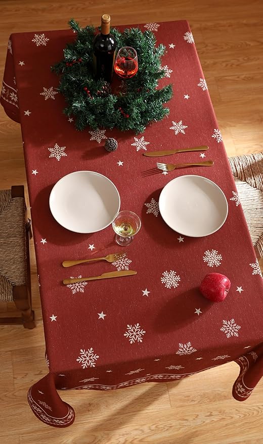 ISAENNE Designer Christmas Red Small Rectangular Tablecloth,Linen Table Cloth with Snowflakes Pattern,Wrinkle Resistant Decor Tablecloths for Dining Kitchen Thanksgiving Christmas,55"*71"-Carol C