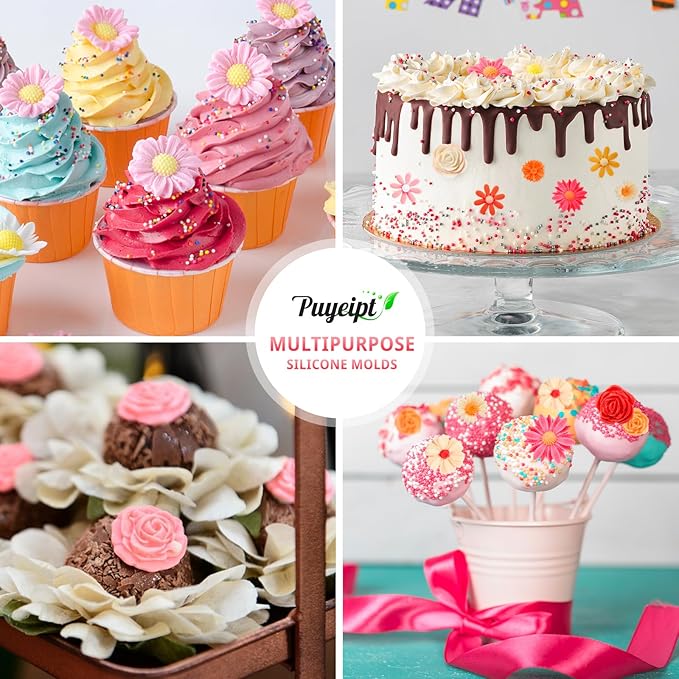 Puyeipt 4 Pcs Flower Silicone Fondant Molds, Daisy Rose Flower Chocolate Candy Molds for Cupcake Topper, Cake Pop Decoration and Clay Craft Making