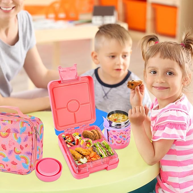Pawtong Bento Lunch Box Set With 10oz Soup Thermo, Leak-proof Lunch Containers with 4 Compartment, Kids Hot Thermo Food Jar/Insulation Lunch Bag, Food Containers for School(Rainbow)