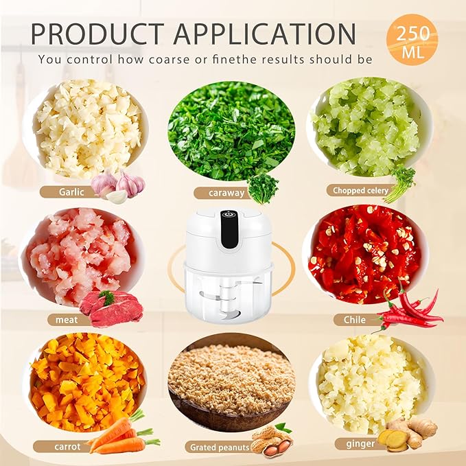EASYSPEED Electric Garlic Chopper 1Cup, Mini USB Charging Wireless Food Processor with 304 Stainless Steel, 3 Sharp Blades, Portable Kitchen Meat Grinder for Onion, Garlic, Ginger, Chili