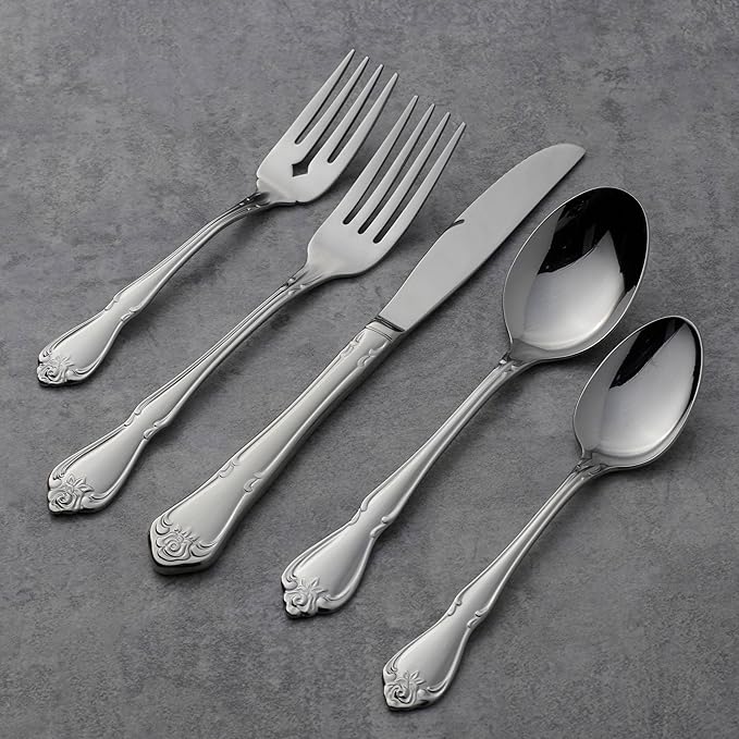 Oneida Silverware Set, True Rose 20-Piece Everyday Flatware Set, Service For 4, 18/0 Stainless Steel, Dishwasher Safe, Knife Spoons And Forks Set, Home And Kitchen Utensils (Silver, 20 Piece)