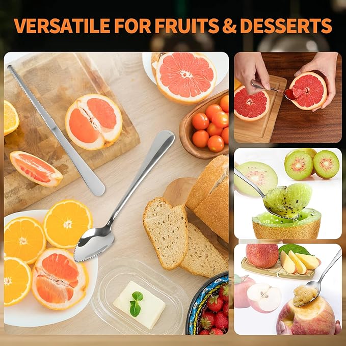 Grapefruit Spoon & Knife Set,Stainless Steel Grapefruit Spoon Utensil With Serrated Edge,Silver Kitchen Tool,Multi-Use for Citrus, Kiwi,Dessert, Avocado & More (6 PCS)