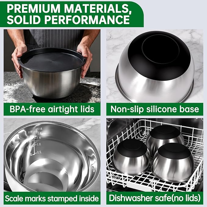 Deedro Premium Mixing Bowls with Airtight Lids Set, 22Pcs Thicker Stainless Steel Mixing Bowl Set, Large Prep Metal Bowls, Non-Slip Silicone Base Nesting Bowls for Kitchen, 1.5/2/3/4/5 QT, Black