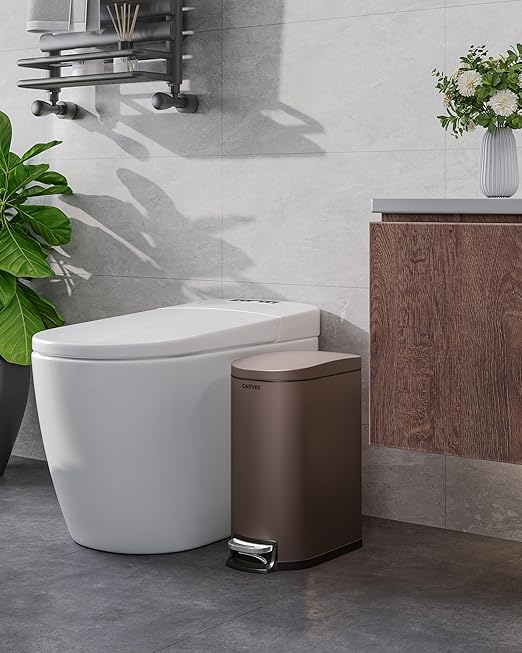 2.6 Gallon Bathroom Trash Can with Lid, Slim Step Pedal Garbage Bin, Stainless Steel Wastebasket with Soft-Close Lid, Removable Inner Bucket & Rear Handle for Bathroom, Office & Small Spaces-Brown