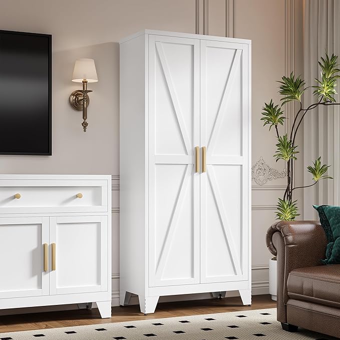 71" Tall Metal Storage Cabinet with 2 Doors and 4 Adjustable Shelves, 5-Tier Kitchen Pantry Storage Cabinet for Kitchen, Living Room, Dining Room and Office, White