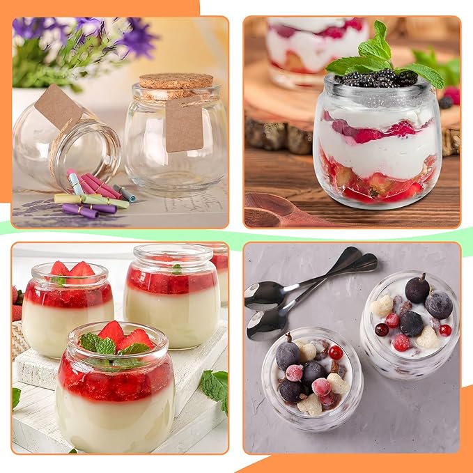 40 Pack Small Glass Jars, 7oz Mini Yogurt Jars with Cork Lids and PE Lids, Small Bottles with Label Tag and Twine, Glass Pudding Jar for Wedding Favors, Baby Shower, Milk, Jam, Honey