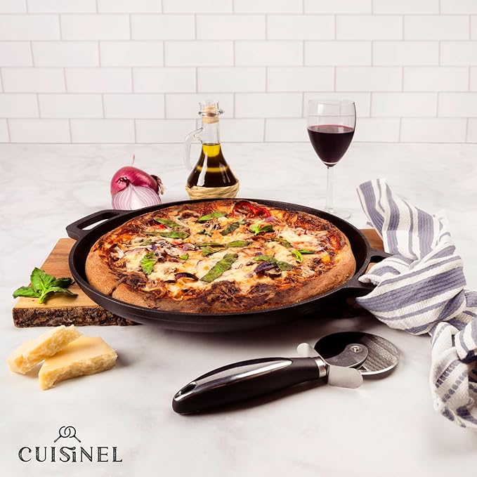 Cuisinel Cast Iron Pizza Pan 13.5-Inch – Pre-Seasoned Round Baking Stone for Oven, Grill & Stovetop – Heavy-Duty Skillet Alternative for Crispy Crust Pizza, Flatbreads & Roasting