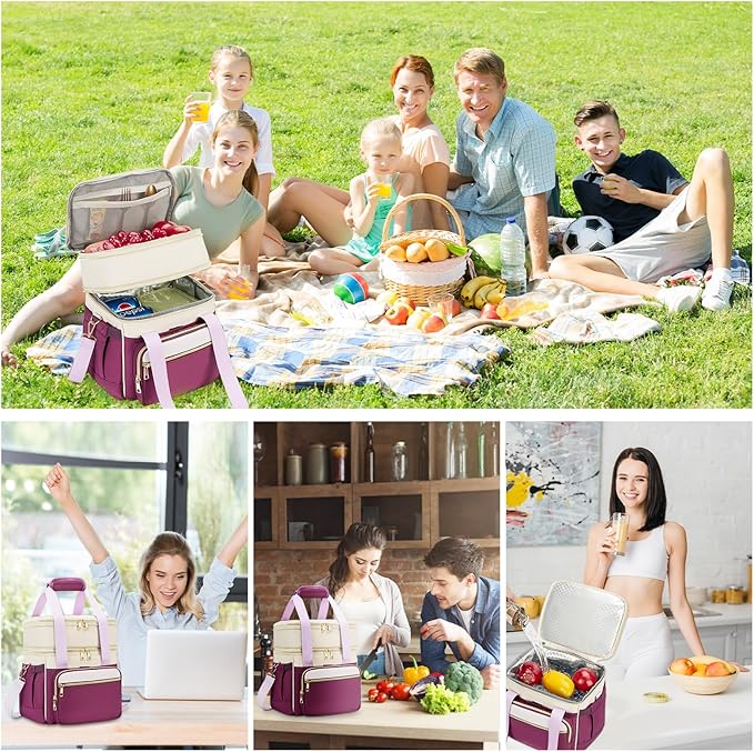 holuxer Insulated Lunch Bag & Lunch Box for Women - Double Deck Reusable Lunch Bag for men Tote Cooler Bag Leakproof Soft Expandable - Large Lunchbox for Work/Adult/Picnic/Outdoor (Light Purple,15L)
