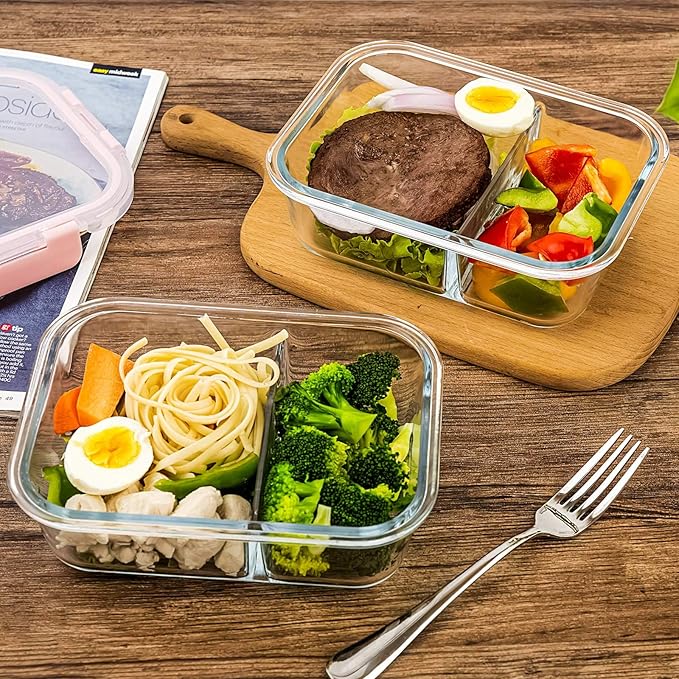 CREST Glass Meal Prep Containers 2 Compartment Set, 5-Pack, 34oz,Divided Bento Lunch Boxes with Lids for Adults