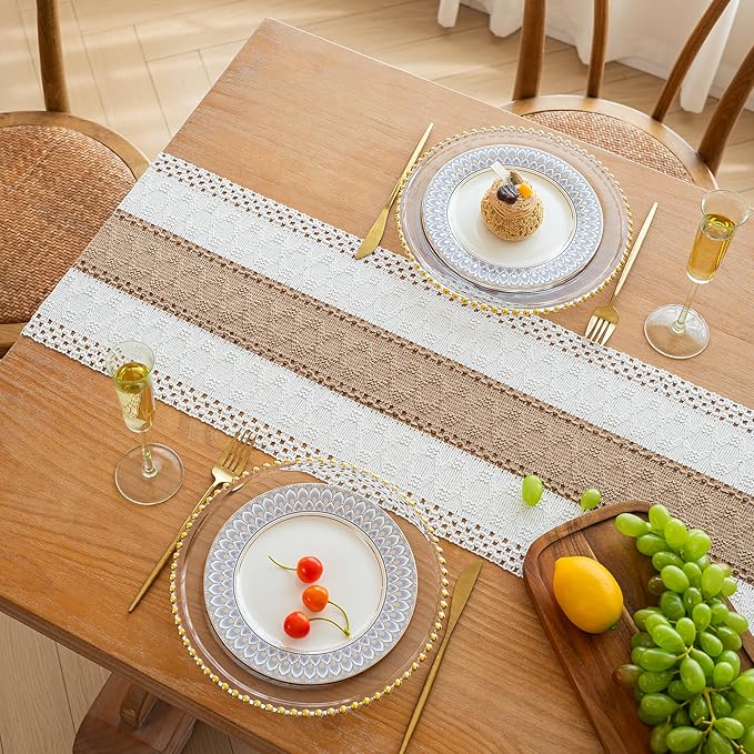 FEXIA Boho Table Runner for Spring Home Decor with Tassels 72 Inches Long Farmhouse Rustic Table Runner Macrame Burlap Table Decoration for Kitchen Living Room Bridal Shower(12x72 Inches)