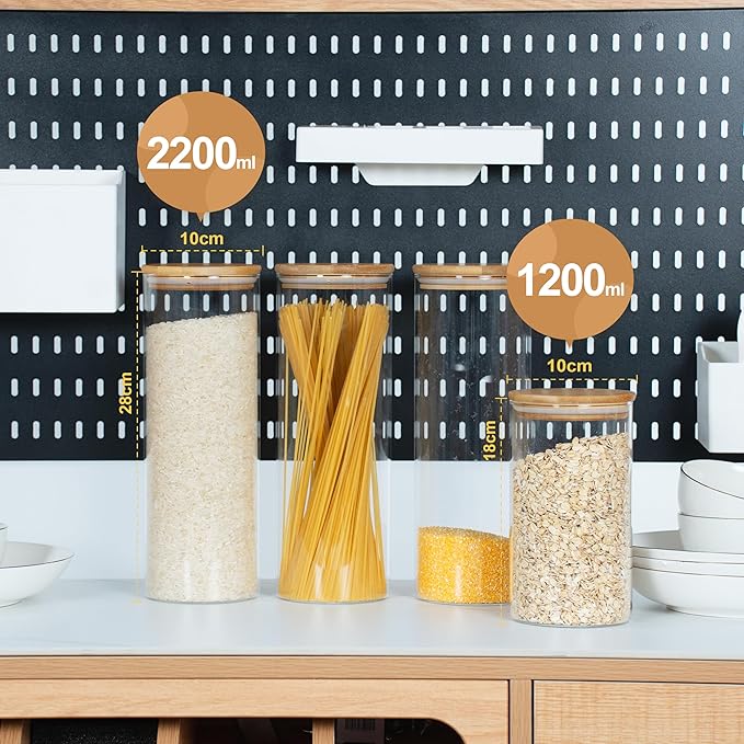 D2scrma 70oz Straight cylindrical Airtight Storage Jars with Bamboo Lid Set of 3 Storage Container Glass Jars, Kitchen Canister for Noodles, Pasta and Coffee beans (with Black Lable)