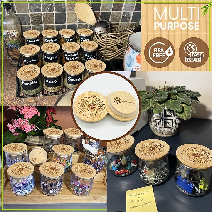 Oui Yogurt Jar Lids – Choose a Design, 4-24 pcs, Silicocne, or Stainless Steel | Airtight Lids That Fit Yoplait Oui Glass Jars | Eco Replacement Tops with Silicone Gasket | Bamboo Aster Flower 4 Pack