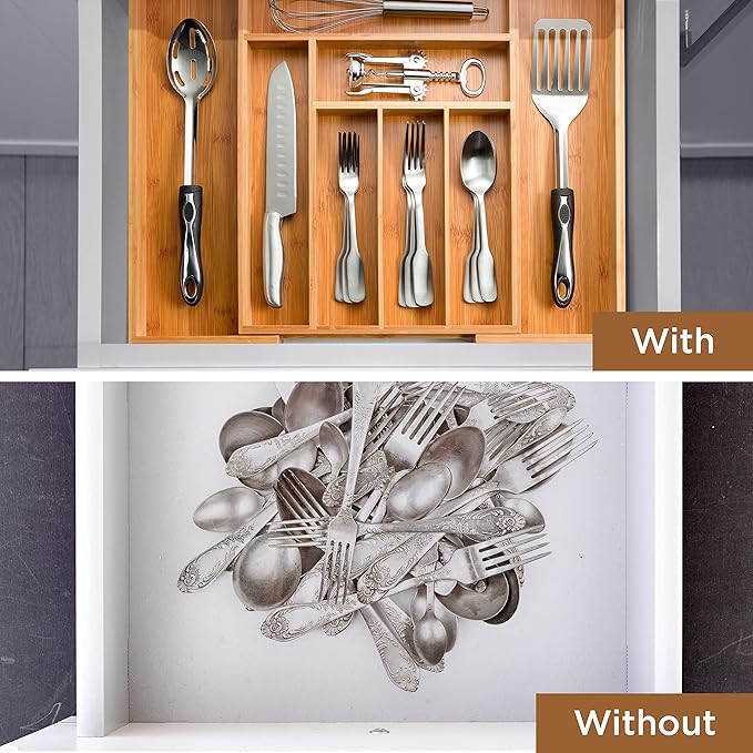 Bamboo Dish Rack and Expandable Drawer Organizer Set Bundle