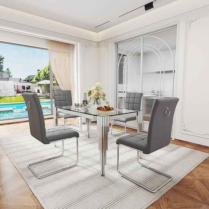 AF ARTISAN FURNITURE 53'' Glass Dining Table Set for 4, Kitchen Table Chairs Set of 4, Clear Silver Glass Dining Tables with Stainless Steel Legs, 4 Grey PU Dining Chairs, Living Room, Kitchen