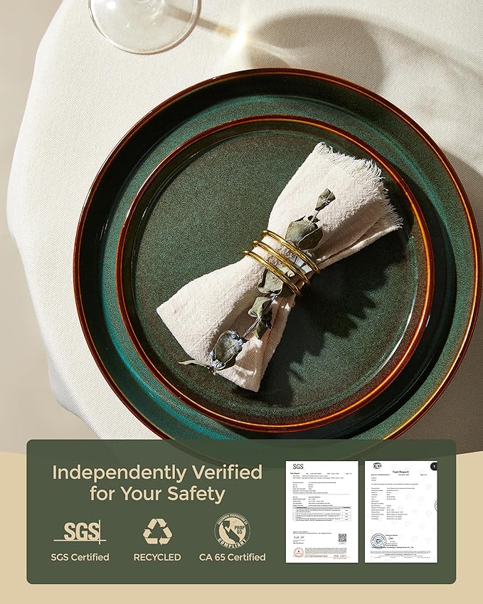Pokini Plates and Bowls Sets for 4, Ceramic Dinnerware Sets, Kitchen Dish Set, Microwave & Dishwasher Safe Dishware, Highly Durable Hand Glazed Dinner Set, Brown Green
