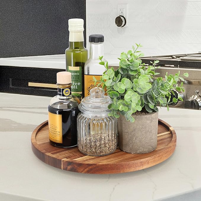 Elama 12 Inch Acacia Wood Lazy Susan Serving Tray, Decorative Serveware, Tabletop Serving Piece (12 Inch Lazy Susan)
