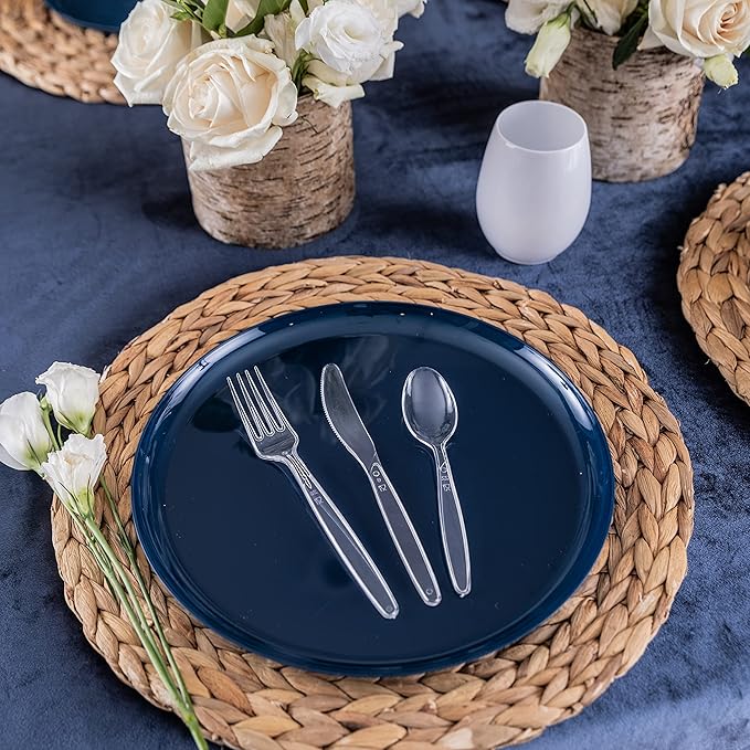 Party Bargains Disposable Cutlery Set Color: Clear Sapphire 300 Pcs: 100 Spoons, 100 Knives, 100 Forks. Heavy Duty & Solid Disposable Silverware Utensils Set for Weddings, Buffets, Luncheons
