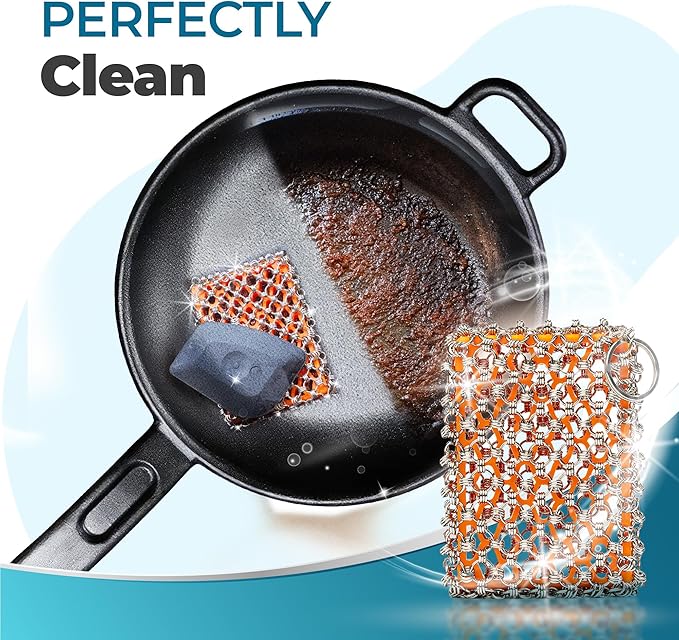 Cast Iron Care Bundle: 316 Stainless Steel šš«š¢š©š„š šš¢š§š šš”šš¢š§š¦šš¢š„ Scrubber (Orange) & Extra Thick Leather Handle Cover Set of 2 (šššš š¢š§ šššØš«š š¢š) ā Perfect for Pan