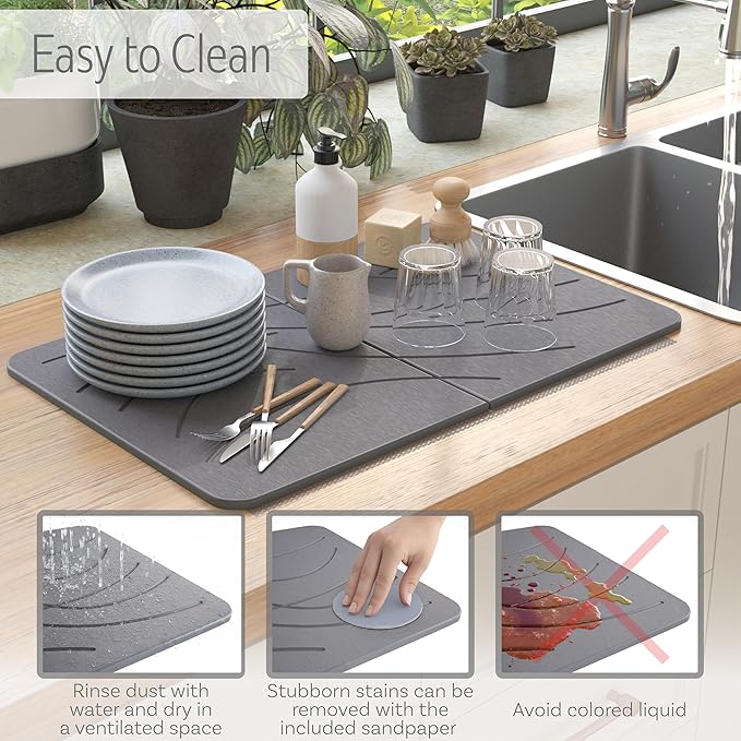 Large Stone Drying Mat with Bamboo Rack | 23.6ā x 15.4ā Diatomaceous Earth Collapsible Stone Dish Drying Mat | Quick Water Absorbing Foldable Dish Drying Stone for Kitchen Counter Racks (Dark Gray)