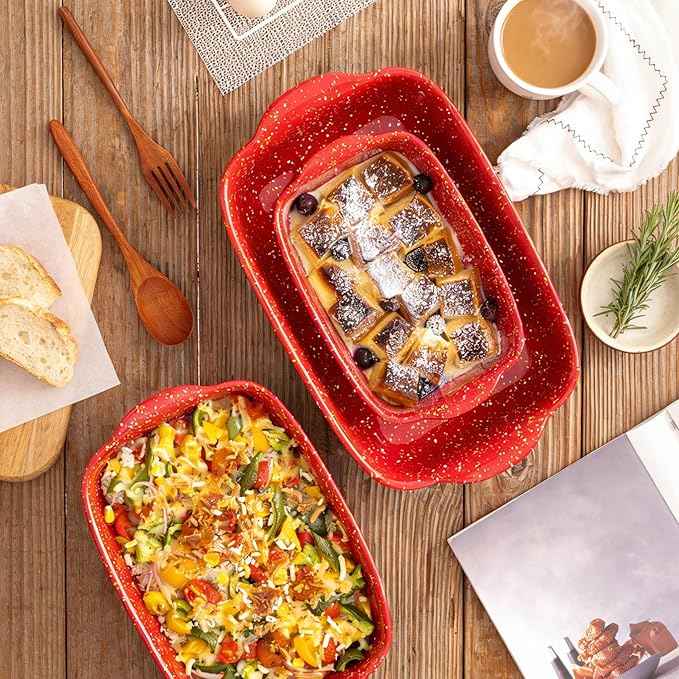 3-Pack Ceramic Lasagna Pan,Heavy-Duty Rectangular Baking Dishes, High Heat Resistant Oven-Safe Stoneware Casserole with Handles,Home Baking,Speckle Series(13.8''/12''/9.6'' Red)