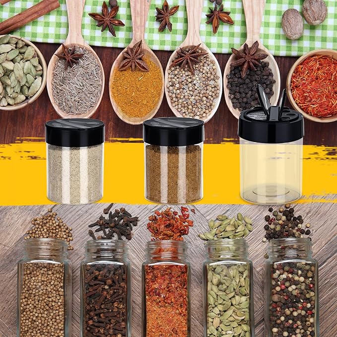 50 Pack 6 oz Plastic Spice Jars with Black Cap Empty Clear Plastic Spice Bottle Containers Reusable Seasoning Jars with Shaker Lids for Kitchen Storing and Dispensing Salt Powders