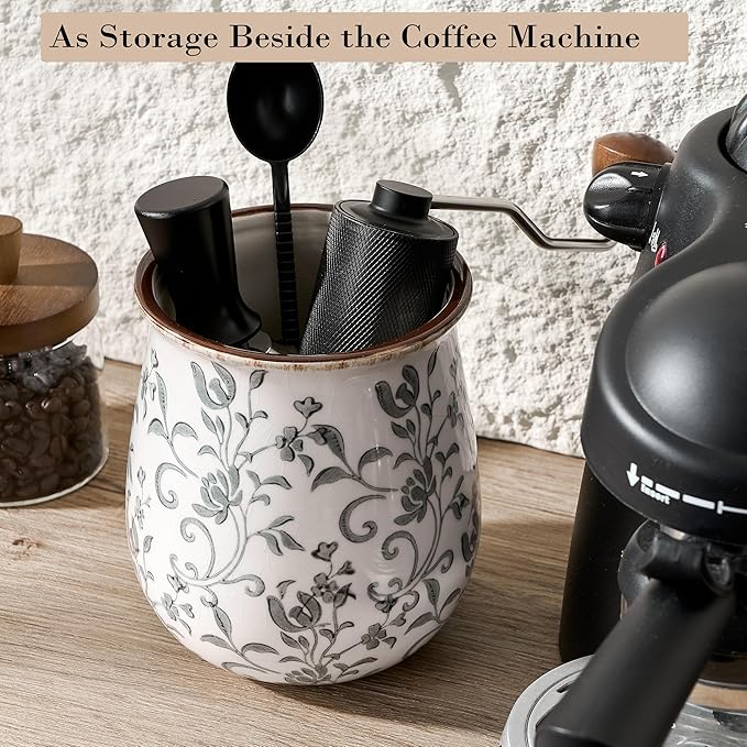 Utensil Holder for Kitchen Counter, Modern Farmhouse Cooking Utensil Holder and Crock Home Kitchen Decor, Ceramic Utensil Organizer for Spatula, Ladle, Eggbeater, Rolling Pin- Gray Flower Patterns