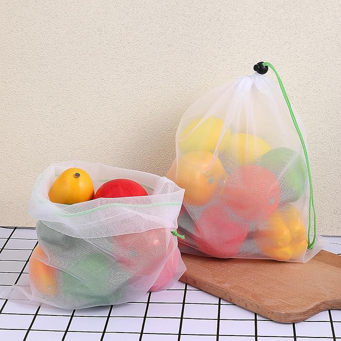TIESOME 8PCS Reusable Produce Mesh Bags, Washable Vegetable Storage Bags With Drawstring Transparent Toy Organizer Bags Eco-Friendly Grocery Storage Mesh Bags for Farmers Market Refrigerator Storage