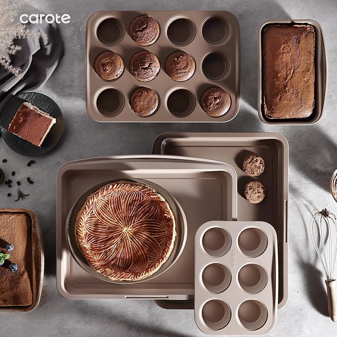 CAROTE 7-Piece Nonstick Stackable Baking Pans Set - Bakeware Sets Including Cookie Sheets for Baking, Muffin Pan, Bread Pan, Cake pan, Loaf Pan, Roasting Pan, Gray & Khaki