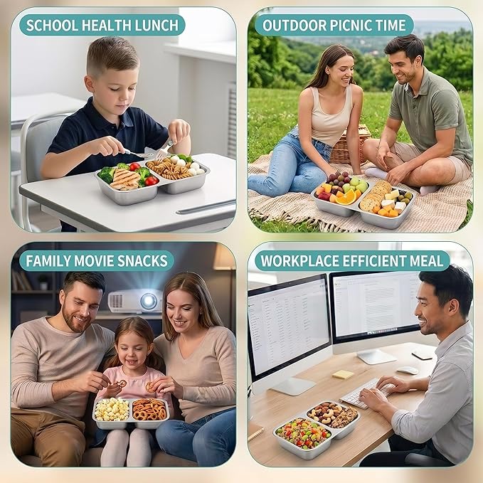 6 Pack Stainless Steel Snack Containers, 2 Compartment Reusable Metal Snack Boxes Containers with Leak-Proof Lids, Compact Lunch Box Food Storage Container
