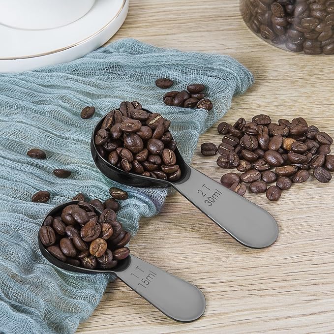 Safring Stainless steel coffee scoop 2-piece set (1 tbsp, 2 tbsp) durable Tablespoon, ergonomic measuring spoon, Suitable for small and large jars,short-handled spoon (Black)