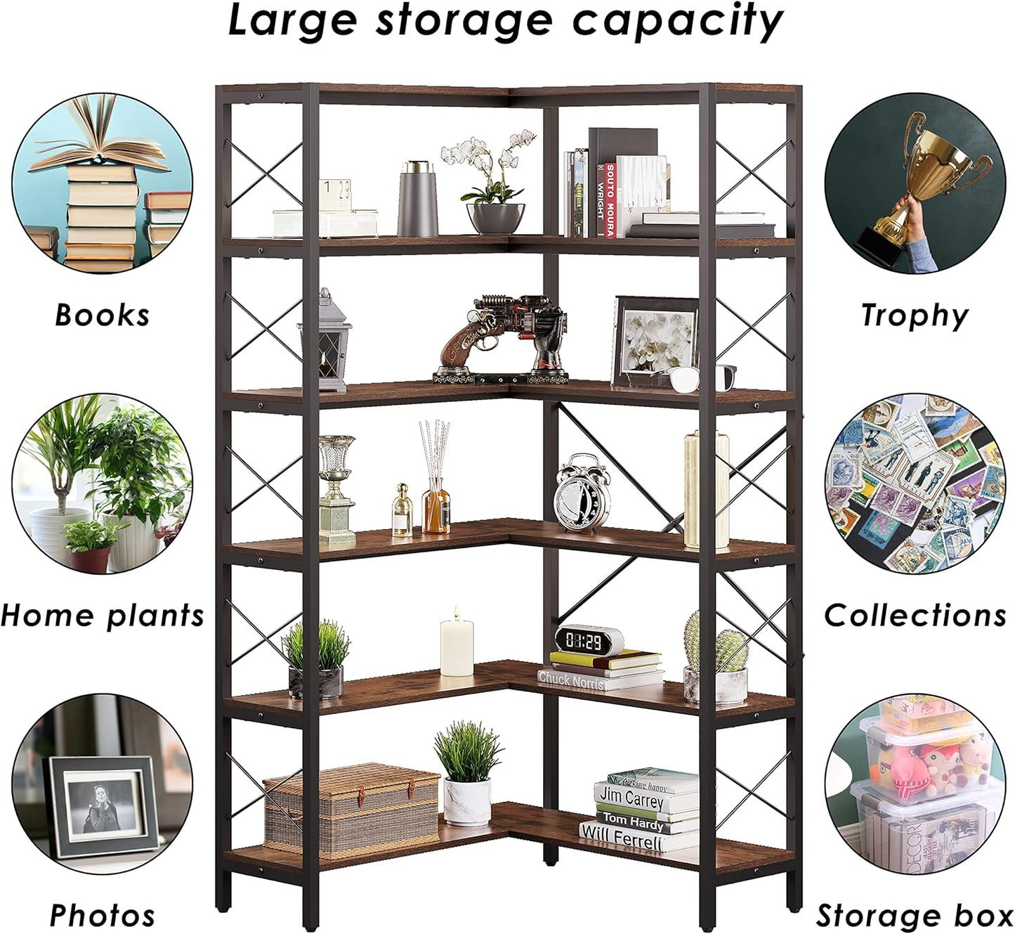 6-Shelf Corner Bookshelf, Vintage Industrial CornerBookshelf Etagere Bookcase, Large Book Shelf with Metal Frame Open Storage Corner Cabinet for Living Room Home Office(Retro Brown)