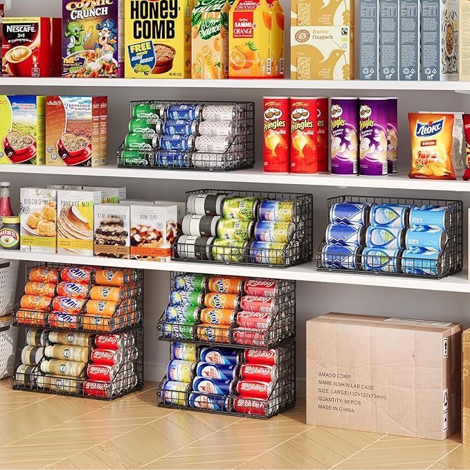 JKsmart 2 Pack Stackable Can Rack Organizer for Pantry Storage,Can Dispensers with 4 Adjustable Dividers, 2-Tier Metal Wire Basket Beverage Pop Soda Rack for Kitchen Cabinet Pantry, Black