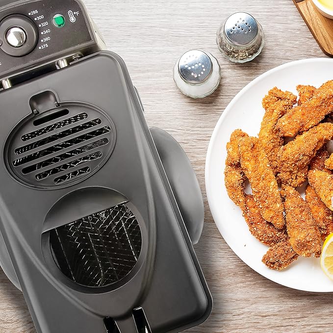 OVENTE Electric Deep Fryer 2 Liter Capacity, 1500 Watt Lid with Viewing Window and Odor Filter, Adjustable Temperature, Removable Frying Basket and Easy to Clean Stainless Steel Body, Silver FDM2201BR