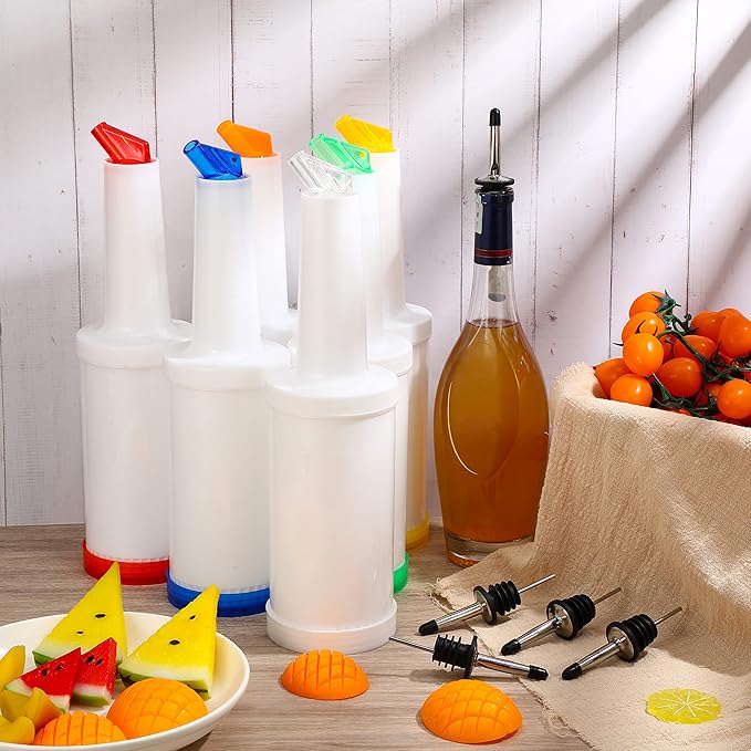 Chengu Fruit Juice Pour Bottles 34 oz Plastic Liquor Bar Supplies with Stainless Steel Bottle Pourer Tapered Spout for Cocktail Bartending Liquor Juice Store(Multi Colors,12 Pack)