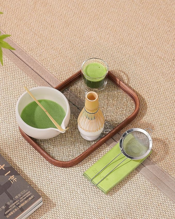 ZENS Matcha Whisk Set, 6pcs Matcha Kit Includes Ceramic Bowl, Handcrafted Bamboo Whisk and Chasen Holder, Scoop, 304 Sifter & Tea Mat,Matcha Set for Tea Ceremony,Latte Making, White