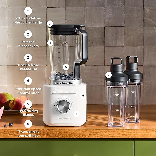 KitchenAid Pure Power Blender with 2 Personal Blending Jars, 1700 Watt Peak Power*, KSB2078, Porcelain White