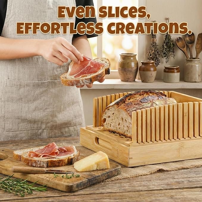Bread Slicer for Homemade Bread - 10.5" Adjustable Sourdough Slicer with Crumb Catcher & Serving Tray - Stable Wood Bread Cutter Guide for Kitchen