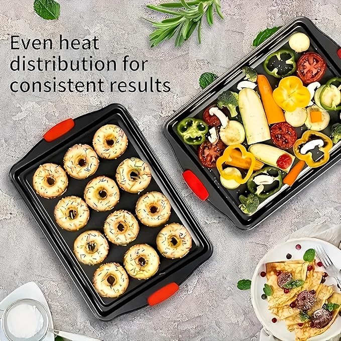 3PCS Carbon Steel Non-Stick Baking Pan | Commercial Restaurant Grade, Double-Sided Non-Stick Coating, Luxurious & Stylish Design with Red Silicone Handle - Oven Safe Kitchen Bakeware