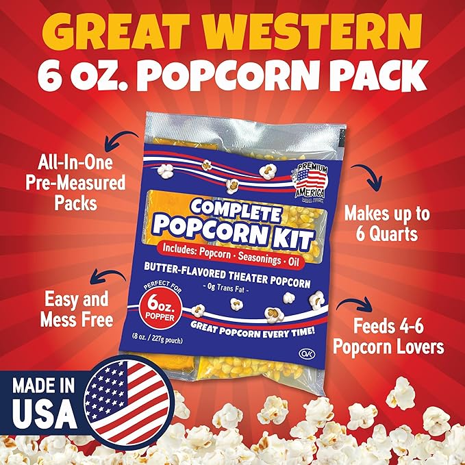 Premium America Popcorn Kit, 36 Packs for a 6oz Popper, Movie Theater & Popcorn Machine Kernels, Oil & Seasoning Packet, Bulk All in One