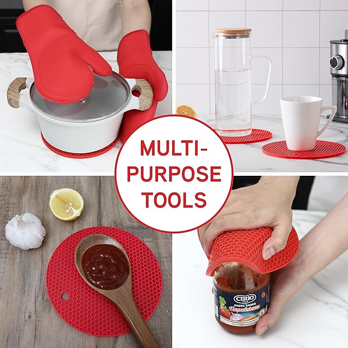 COOK WITH COLOR Silicone Oven Mitts- Heat Resistant Gloves with Soft Quilted Lining Oven Mitt Pot Holders for Cooking and BBQ, Red, Mitt Set