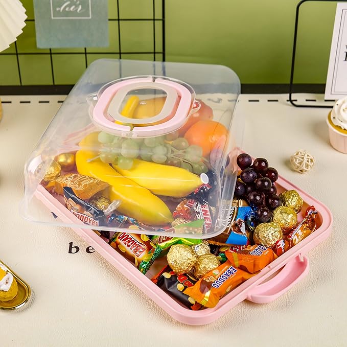 NPLUX Cupcake Containers with Lid Rectangular Cake Carrier 3-in-1 Multipurpose Cupcake Holder for Muffins Pies Sweets Pastries Fruit or Snacks(Pink, 13" x 9" x 4")